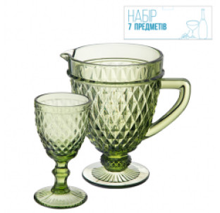 9053 Набір 7 ел. (1 глечик-1,150л, 6 келихів-340мл) "Аргайл" смарагд - фото
