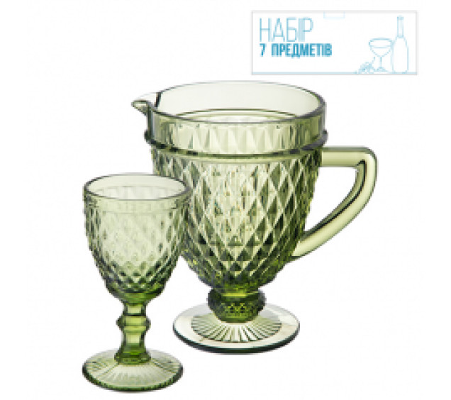 9053 Набір 7 ел. (1 глечик-1,150л, 6 келихів-340мл) "Аргайл" смарагд - фото