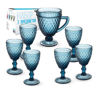 9053 Набір 7 ел. (1 глечик-1,150л, 6 келихів-340мл) "Аргайл" кобальт - фото