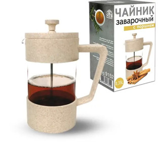 9152 Заварювальний чайник з поршнем 350мл (еко пластик + боросилікатне, зміцнене скло) - фото