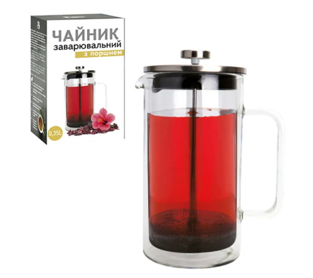 9154 Заварювальний чайник з поршнем 350мл (боросилікатне зміцнене скло з подвійною стінкою) - фото
