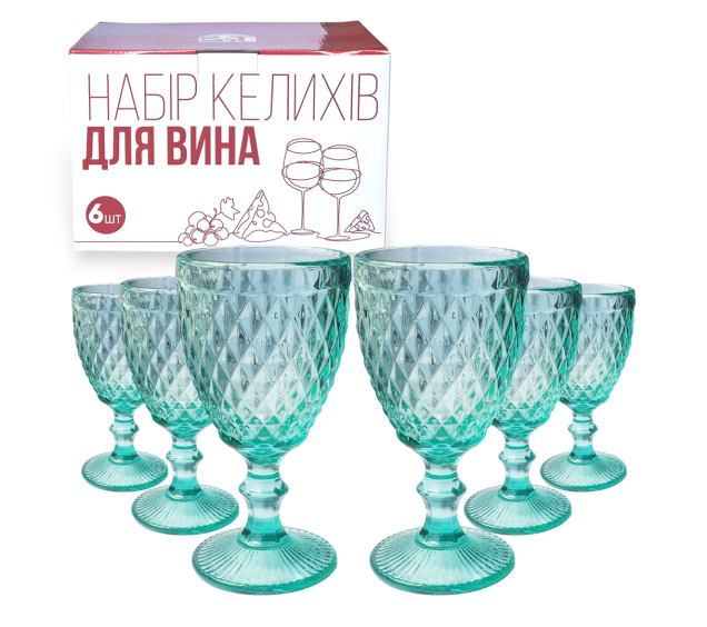 9445 Набір келихів для вина 6шт Аргайл бірюза 320мл - фото