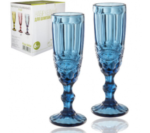 9455 Набір келихів для шампанського 6шт Вінтаж кобальт 180мл - фото