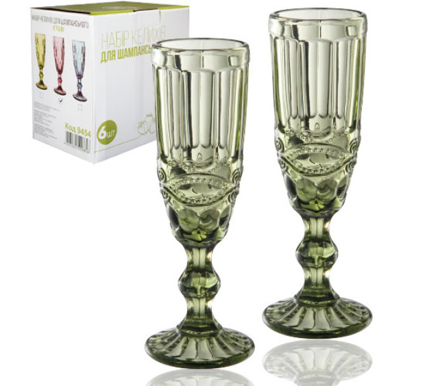 9455 Набір келихів для шампанського 6шт Вінтаж смарагд 180мл - фото