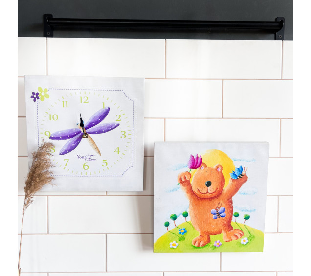 06-109 Годинник настінний Дитячий на полотні Ведмедик 28*28см - фото