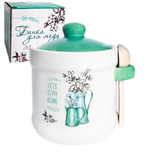 700-04-18 Банка для меду з дерев'яною ложкою "Бавовна" (340мл) - фото