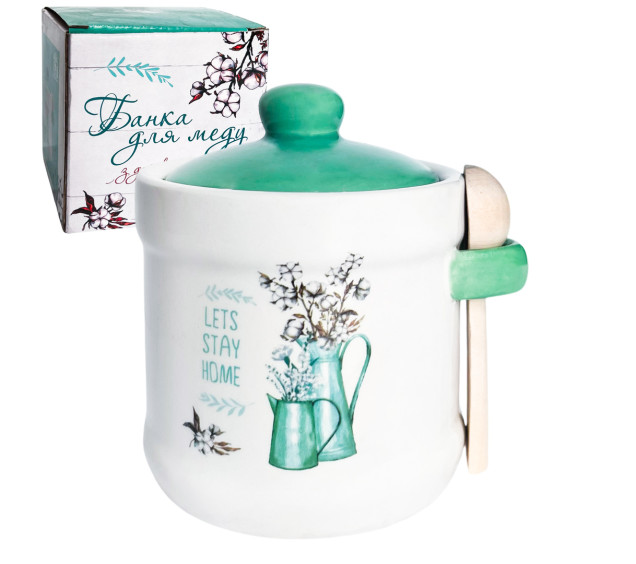 700-04-18 Банка для меду з дерев'яною ложкою "Бавовна" (340мл) - фото