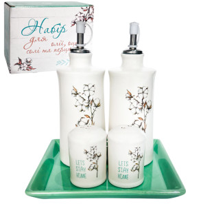 700-06-18 Набір 5пр. (2 пляшки для олії/оцту набір для солі і перцю на керам. підставці) "Бавовна" - фото