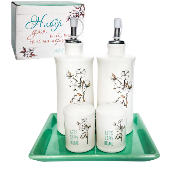 700-06-18 Набір 5пр. (2 пляшки для олії/оцту набір для солі і перцю на керам. підставці) "Бавовна" - фото