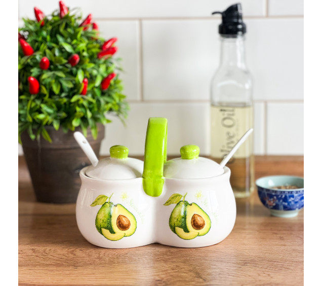 6023-21 Банка для спецій подвійна з 2 ложками "Авокадо" (15*8,5*12,5см,2 по 200мл) - фото 1