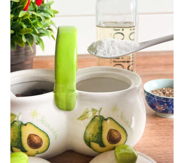 6023-21 Банка для спецій подвійна з 2 ложками "Авокадо" (15*8,5*12,5см,2 по 200мл) - фото 4