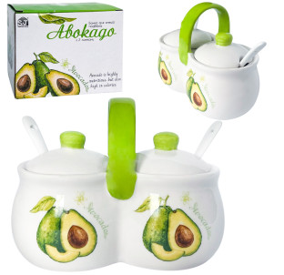6023-21 Банка для спецій подвійна з 2 ложками "Авокадо" (15*8,5*12,5см,2 по 200мл) - фото