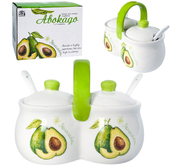 6023-21 Банка для спецій подвійна з 2 ложками "Авокадо" (15*8,5*12,5см,2 по 200мл) - фото