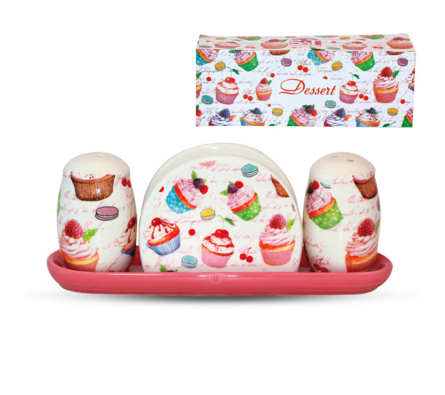 6912-9 Набір для солі і перцю з салф. на керам. підставці "Десерт" - фото