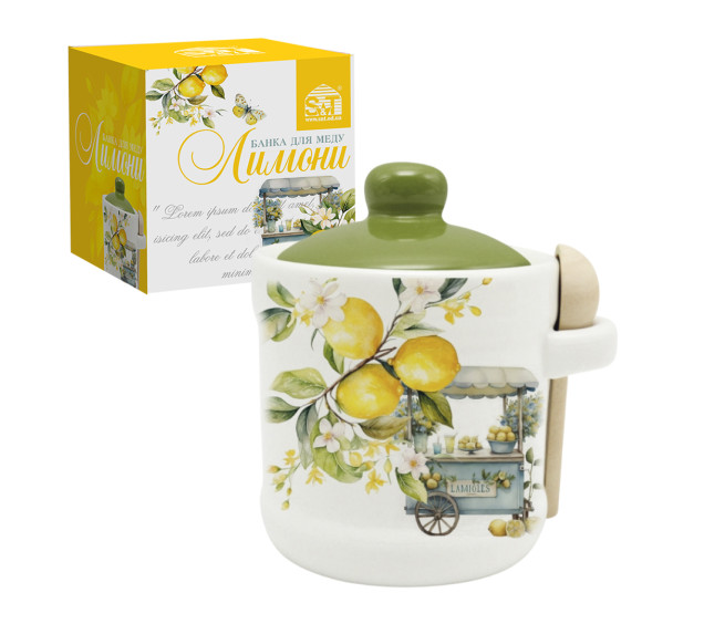 700-04-22 Банка для меду з дерев'яною ложкою 350 мл "Лимони" - фото