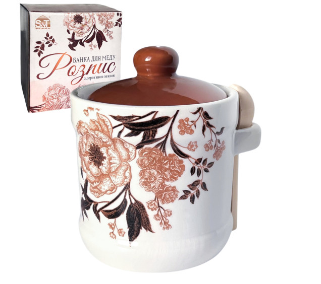 700-04-19 Банка для меду з дерев\'яною ложкою "Розпис" 400 мл - фото