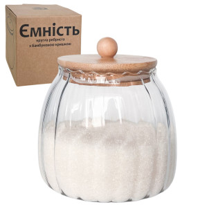 7029-12 Ємність кругла ребриста з бамбуковою кришкою 800 мл - фото