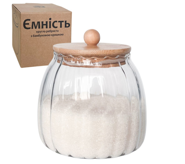 7029-12 Ємність кругла ребриста з бамбуковою кришкою 800 мл - фото