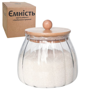 7029-11 Ємність кругла ребриста з бамбуковою кришкою 600мл - фото