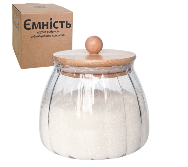 7029-11 Ємність кругла ребриста з бамбуковою кришкою 600мл - фото