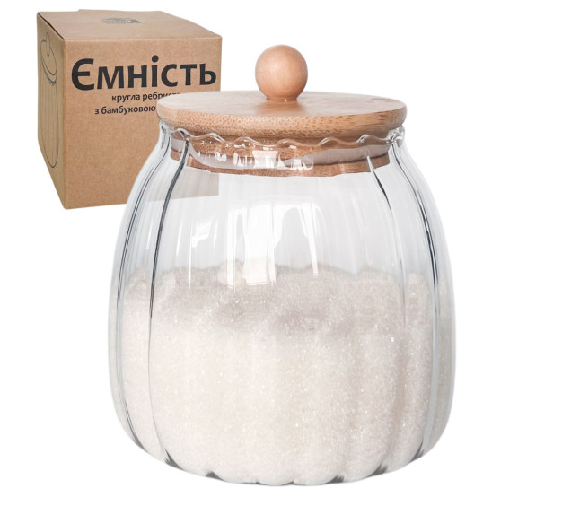 7029-13 Ємність кругла ребриста з бамбуковою кришкою 1л - фото