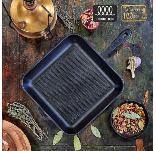 280-280-40MRgrill Сковорода чавунна 28*28*4см квадратна (гриль) з металевою ручкою - фото
