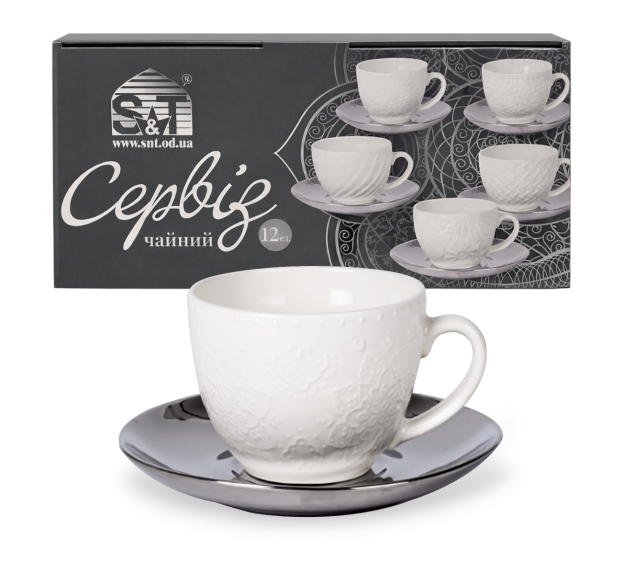 04-001-006 Сервіз чайний " Silver Asoka " 12ел.(чашка 250 мл, блюдце 15 см) - фото