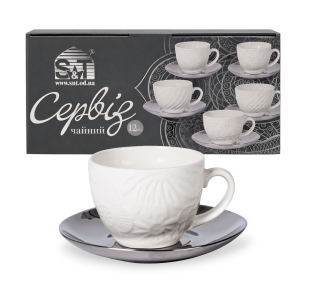04-001-010 Сервіз чайний " Silver Lormar " 12ел.(чашка 250 мл, блюдце 15 см) - фото