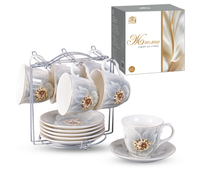 15231 Сервіз 12ел. на стійці "Жасмин"  ( чашка 230мл, блюдце 14см) - фото