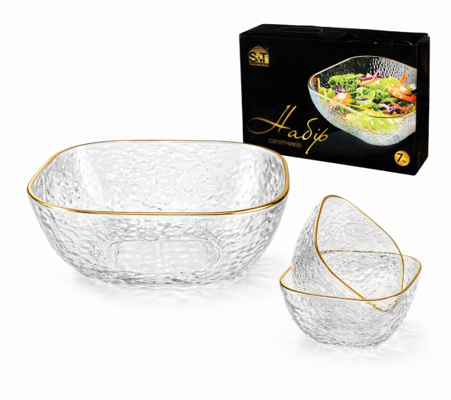 9290-1 Набір салатників 7 пр. квадрат, золотий кант (1-19*19*7,5см(1,5л); 6-10*10*5см(250мл)) - фото