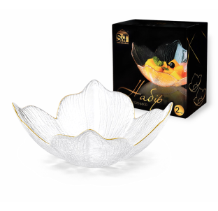 9294-1 Набір салатників 2 пр. 4 пелюстки,прозорий, золотий кант (16*16*6см) - фото