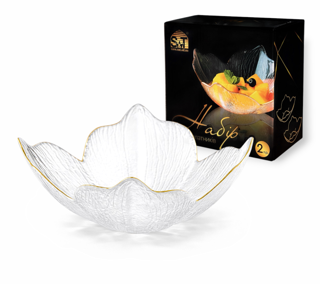 9294-1 Набір салатників 2 пр. 4 пелюстки,прозорий, золотий кант (16*16*6см) - фото