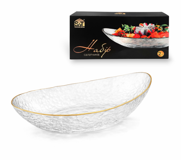 9297-1 Набір салатників 12\' - 2шт, прозорий, золотий кант (31*15*5см(800мл)) - фото