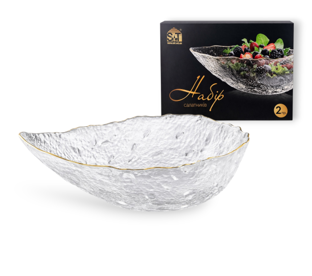 9299-1 Набір салатників 9\' Крапля 2 пр., прозорий, золотий кант (24*17*7см(1л)) - фото