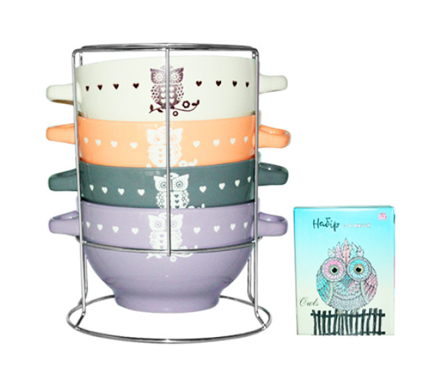 054-04-03 Набір 4 миски з ручками на стійці Owls 680мл - фото