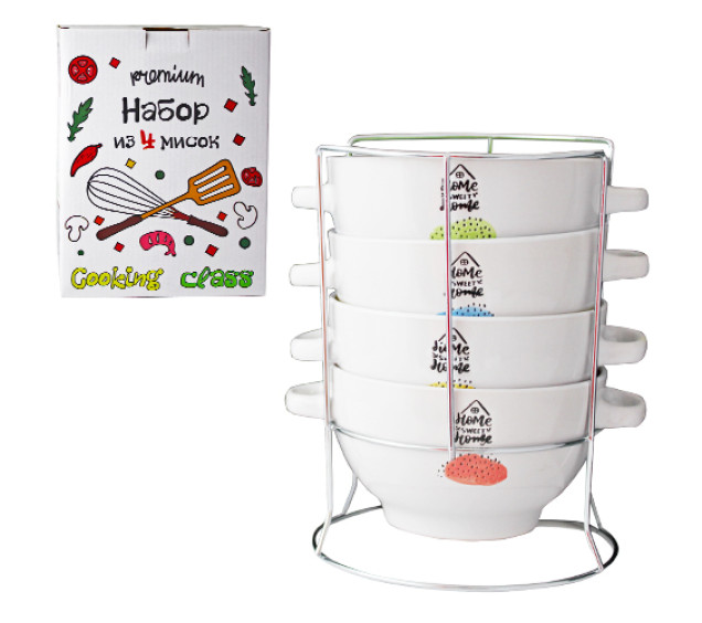 054-04-05 Набір 4 миски з ручками на стійці Home 680мл - фото