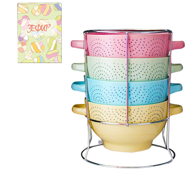 054-04-06 Набір 4 миски з ручками на стійці Зефір 680мл - фото