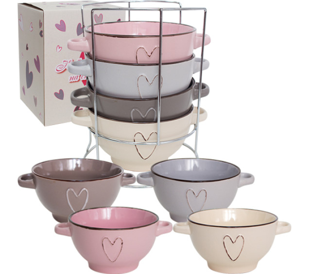 054-04-09 Набір 4 миски з ручками на стійці Hearts 680мл - фото