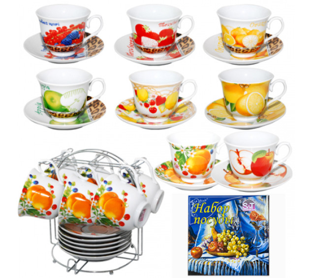 152-01/1 Сервіз чайн. 12пр. на мет.ст. Фрукти 250мл,d-14см(універсальна коробка) - фото