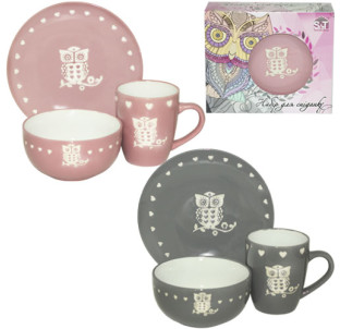 1591-05 Набір для сніданку 3пр. Сови (тарілка 19см, чашка 400мл, миска 500мл) - фото