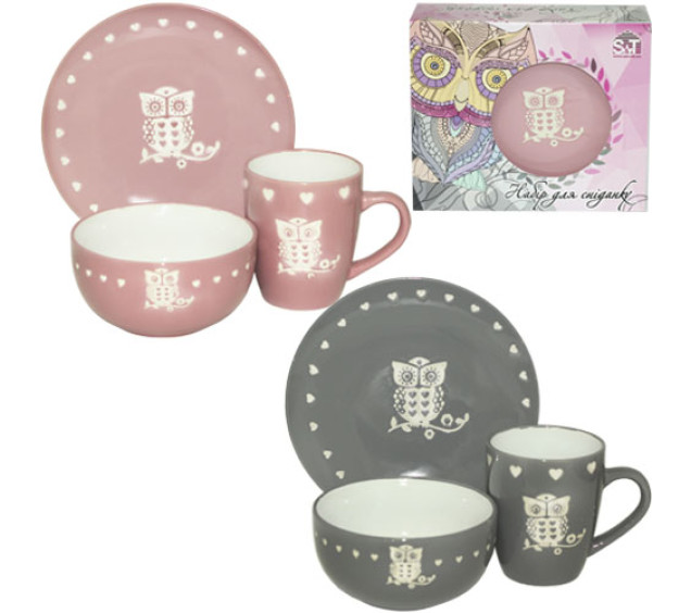 1591-05 Набір для сніданку 3пр. Сови (тарілка 19см, чашка 400мл, миска 500мл) - фото