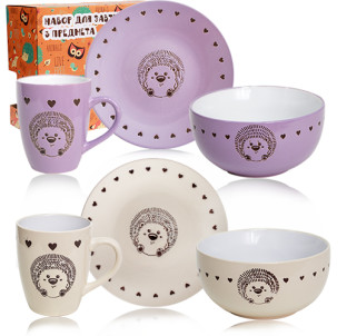 1591-12 Набір для сніданку 3пр. Hedgehog (тарілка - 19см, чашка - 400мл, піала- 500 мл) - фото