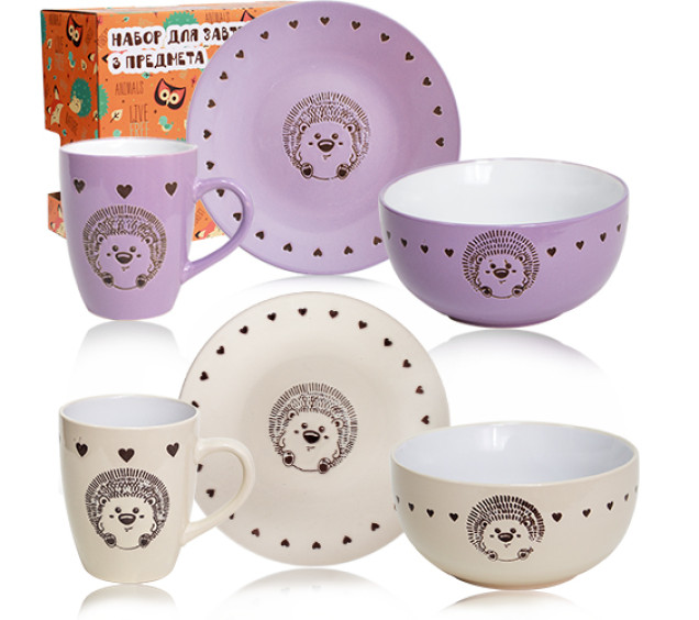 1591-12 Набір для сніданку 3пр. Hedgehog (тарілка - 19см, чашка - 400мл, піала- 500 мл) - фото