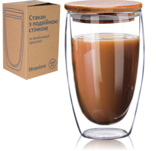 201-16 Стакан з подвійною стінкою та бамбуковою кришкою 420мл Страньере (500) - фото