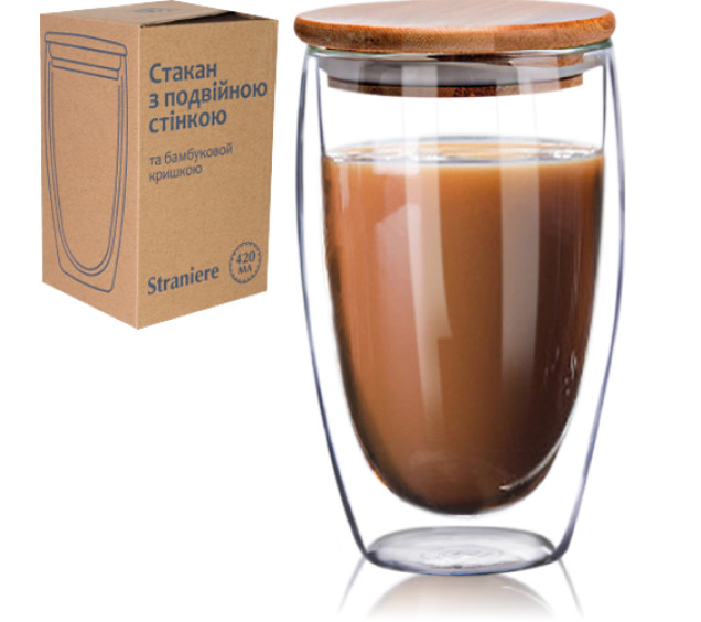 201-16 Стакан з подвійною стінкою та бамбуковою кришкою 420мл Страньере (500) - фото