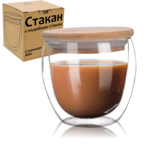 201-25 Стакан з подвійною стінкою та бамбуковою кришкою 250мл - фото