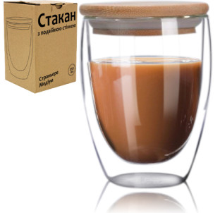 201-26 Стакан з подвійною стінкою та бамбуковою кришкою 350мл - фото