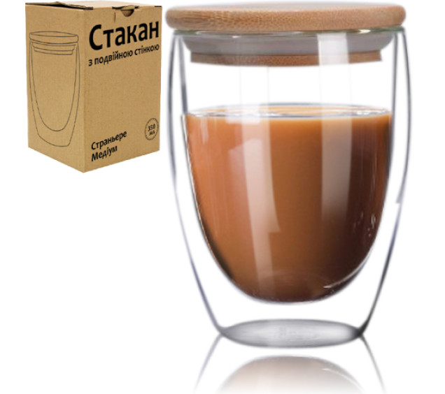 201-26 Стакан з подвійною стінкою та бамбуковою кришкою 350мл - фото