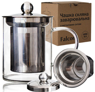 201-7 Чашка скляна заварювальна з металевим ситечком 420мл Falcon - фото
