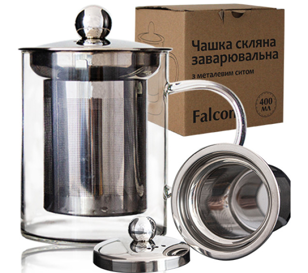 201-7 Чашка скляна заварювальна з металевим ситечком 420мл Falcon - фото